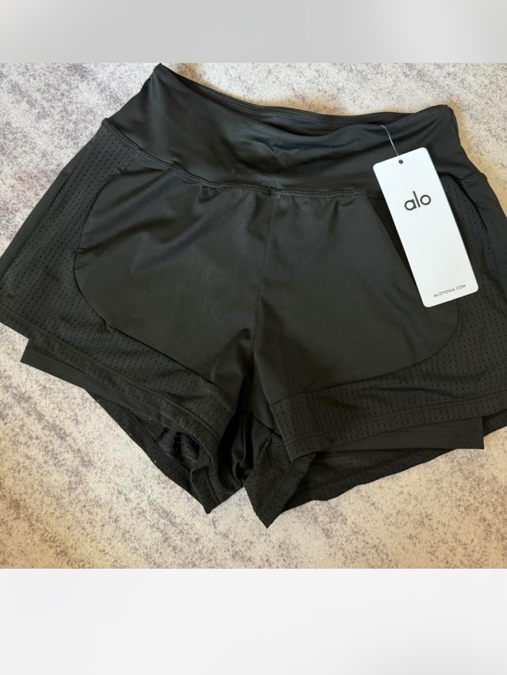 ALO Yoga Black Layered Athletic Shorts with Perforated Panels